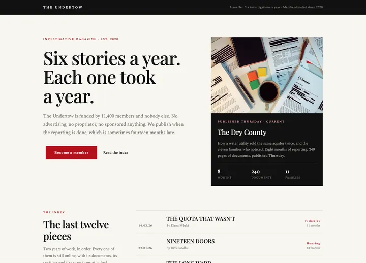 The Undertow — Investigative magazine · editorial index rail