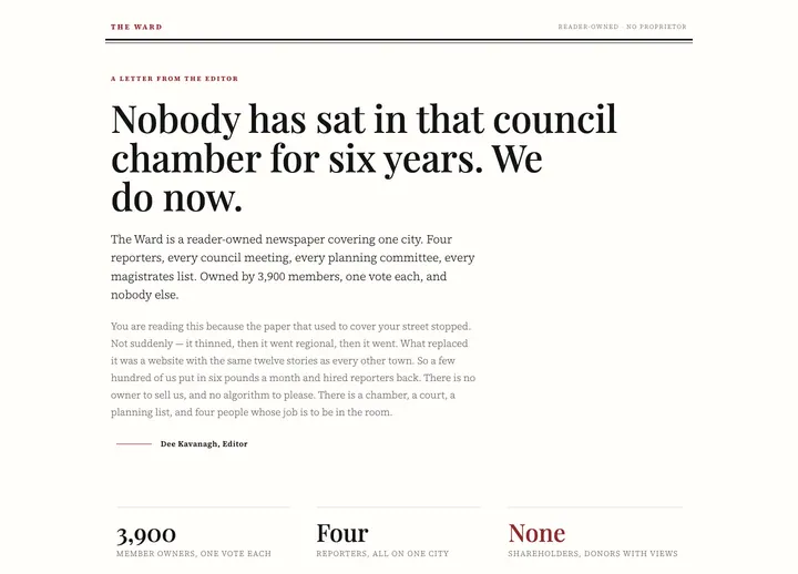 The Ward — Local news cooperative · single-column long-form