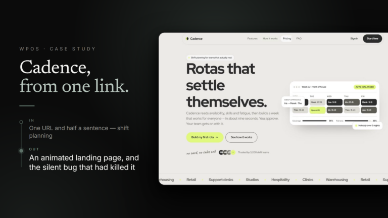 The animated Cadence shift-planning landing page WPOS built from one link