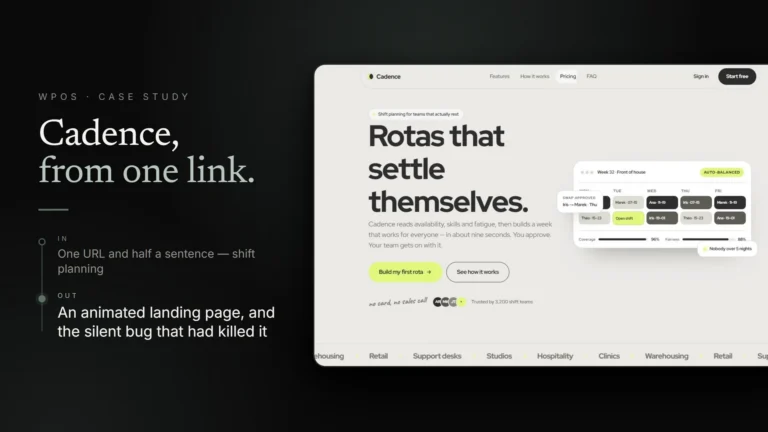 The animated Cadence shift-planning landing page WPOS built from one link