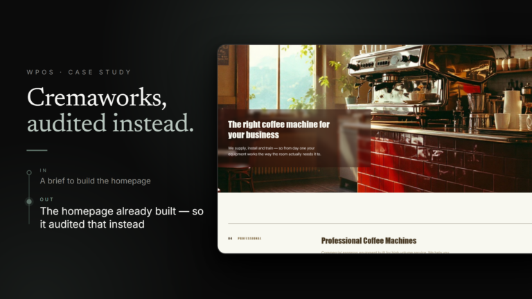 The Crema Works homepage WPOS audited rather than rebuilt