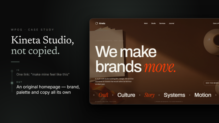 The Kineta Studio homepage WPOS built, in warm espresso brown and cream