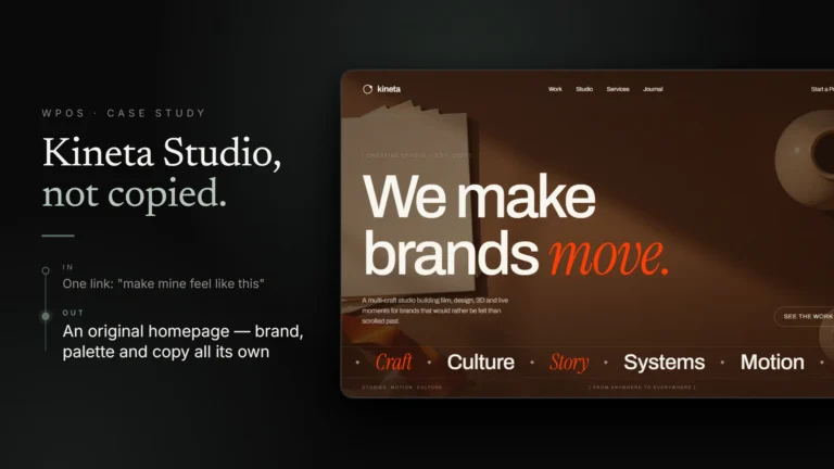 The Kineta Studio homepage WPOS built, in warm espresso brown and cream