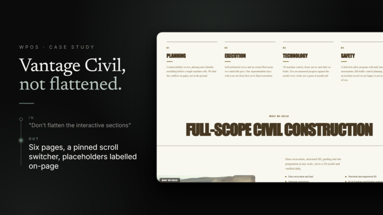 The Vantage Civil site WPOS built, showing the full-scope civil works homepage